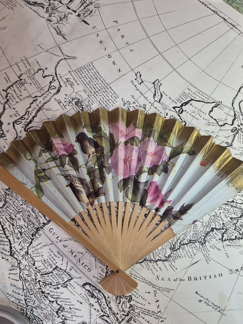 Hand-Painted Floral Folding Fan in Pink and Gold - Brand: